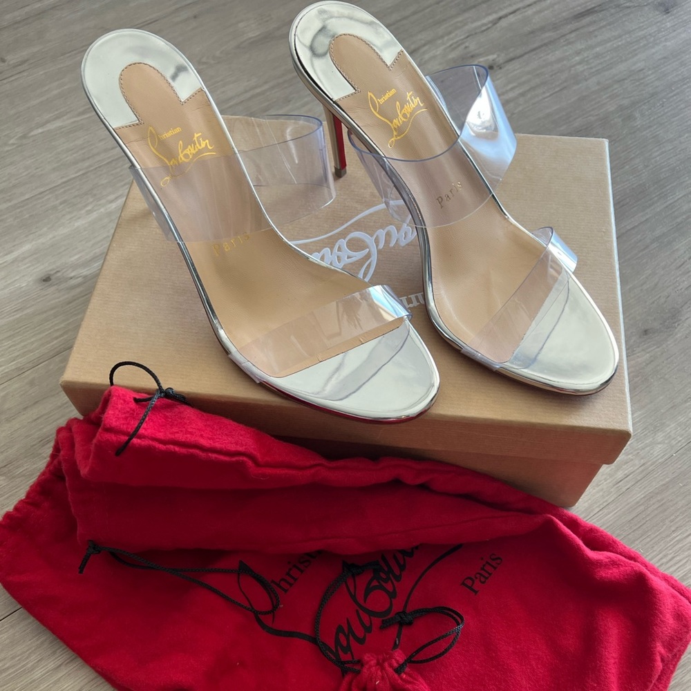 Christian  Louboutin Just Nothing PVC Mules in Silver, size 38.5